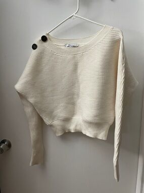 Zara Woman Cream Ribbed Crewneck Sweater with Shoulder Buttons